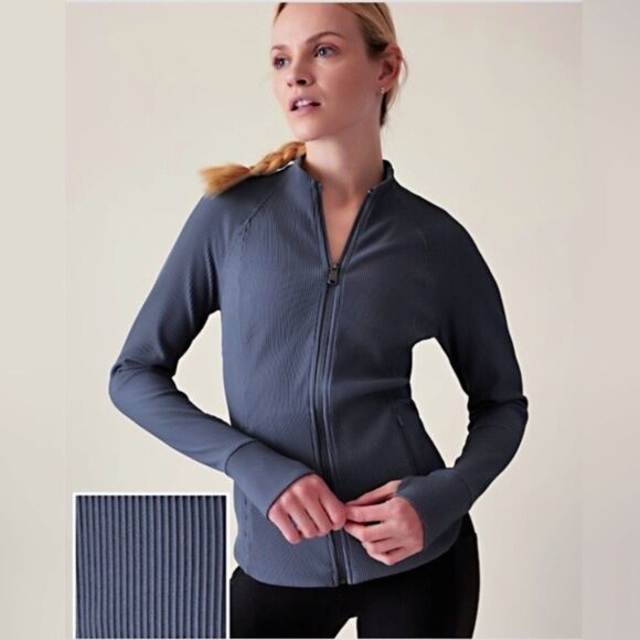 Athleta Salutation Jacket Granite Blue Full Zip Large Active Athletic Gym - Picture 1 of 13